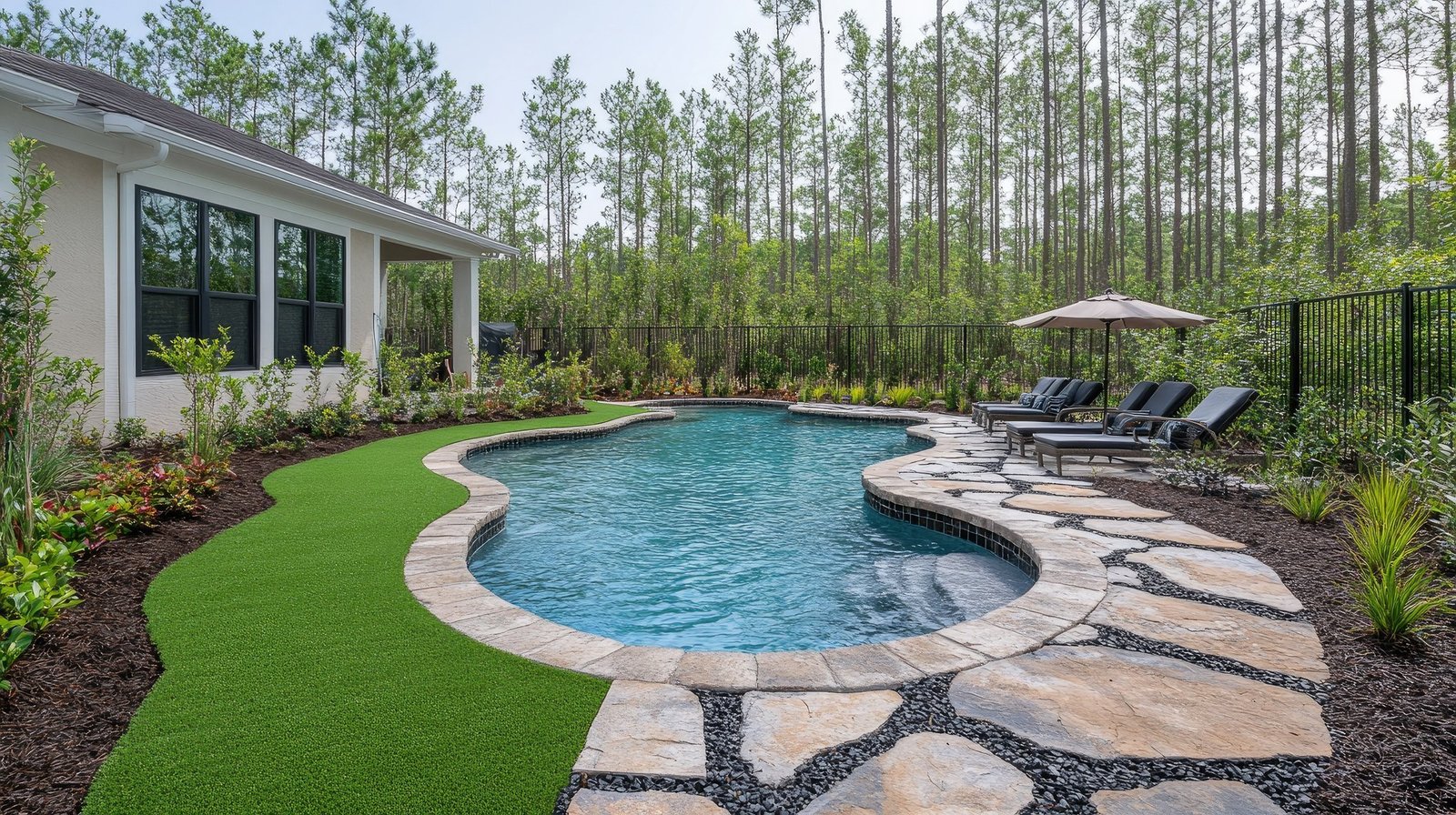 Artificial turf around pool with stone walkway Jacksonville FL